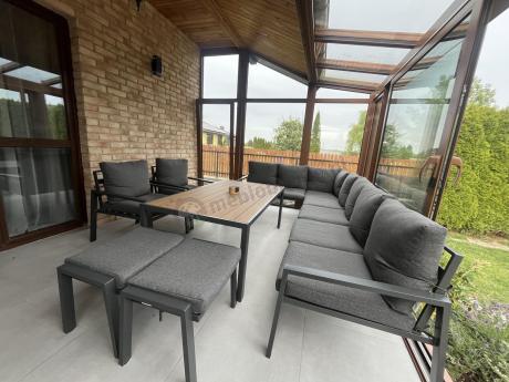 Grafitowe nowoczesne meble tarasowe dla 10 osób Sodor Corner XXL narożnik z 2 fotelami i 2 pufami - Dark Grey Polywoo