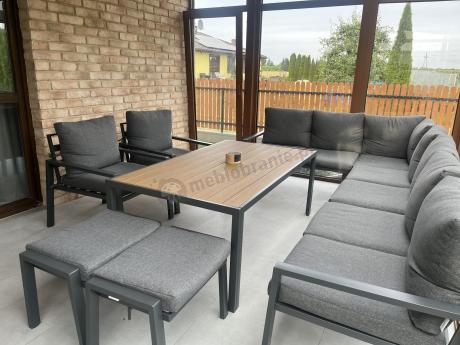 Grafitowe nowoczesne meble tarasowe dla 10 osób Sodor Corner XXL narożnik z 2 fotelami i 2 pufami - Dark Grey Polywoo