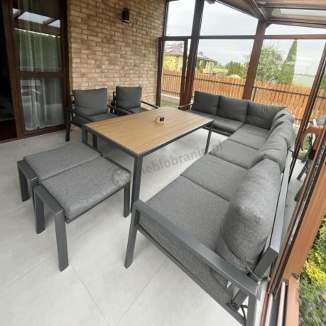 Grafitowe nowoczesne meble tarasowe dla 10 osób Sodor Corner XXL narożnik z 2 fotelami i 2 pufami - Dark Grey Polywoo