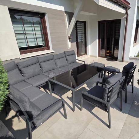 Grafitowe nowoczesne meble tarasowe dla 11 osób Doros Corner XXL narożnik z 2 fotelami i 2 pufami - Dark Grey