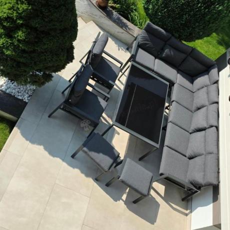 Grafitowe nowoczesne meble tarasowe dla 11 osób Doros Corner XXL narożnik z 2 fotelami i 2 pufami - Dark Grey