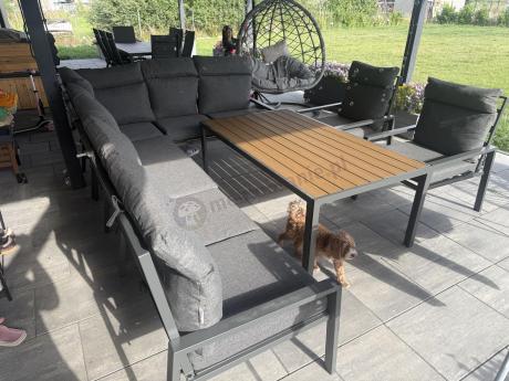 Grafitowe nowoczesne meble tarasowe dla 11 osób Doros Corner XXL narożnik z 2 fotelami i 2 pufami - Polywood Dark Gre