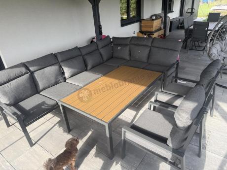 Grafitowe nowoczesne meble tarasowe dla 11 osób Doros Corner XXL narożnik z 2 fotelami i 2 pufami - Polywood Dark Gre