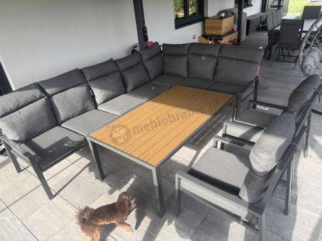 Grafitowe nowoczesne meble tarasowe dla 11 osób Doros Corner XXL narożnik z 2 fotelami i 2 pufami - Polywood Dark Gre