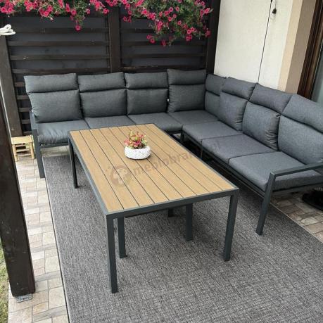 Grafitowe nowoczesne meble tarasowe dla 11 osób Doros Corner XXL narożnik z 2 fotelami i 2 pufami - Polywood Dark Gre