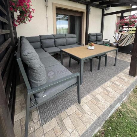 Grafitowe nowoczesne meble tarasowe dla 11 osób Doros Corner XXL narożnik z 2 fotelami i 2 pufami - Polywood Dark Gre