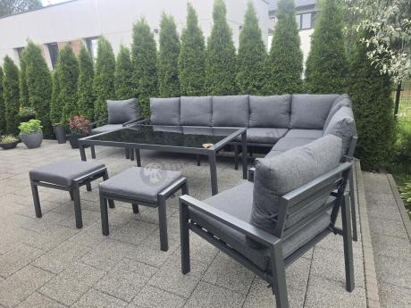 Grafitowe nowoczesne meble tarasowe dla 11 osób Sodor Corner XXL narożnik z 2 fotelami i 2 pufami - Dark Grey