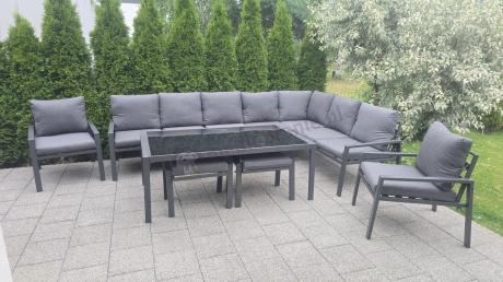 Grafitowe nowoczesne meble tarasowe dla 11 osób Sodor Corner XXL narożnik z 2 fotelami i 2 pufami - Dark Grey