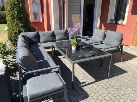 Grafitowe nowoczesne meble tarasowe dla 11 osób Sodor Corner XXL narożnik z 2 fotelami i 2 pufami - Dark Grey