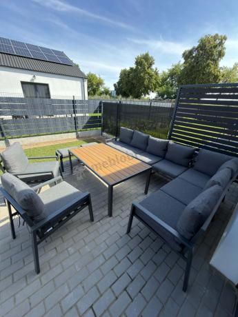 Grafitowe nowoczesne meble tarasowe dla 11 osób Sodor Corner XXL narożnik z 2 fotelami i 2 pufami - Dark Grey Polywoo