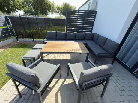 Grafitowe nowoczesne meble tarasowe dla 11 osób Sodor Corner XXL narożnik z 2 fotelami i 2 pufami - Dark Grey Polywoo