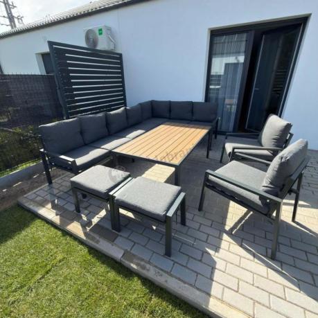 Grafitowe nowoczesne meble tarasowe dla 11 osób Sodor Corner XXL narożnik z 2 fotelami i 2 pufami - Dark Grey Polywoo