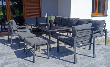 Grafitowe nowoczesne meble tarasowe Sodor Corner XXL narożnik z 2 fotelami i 2 pufami - Dark Grey