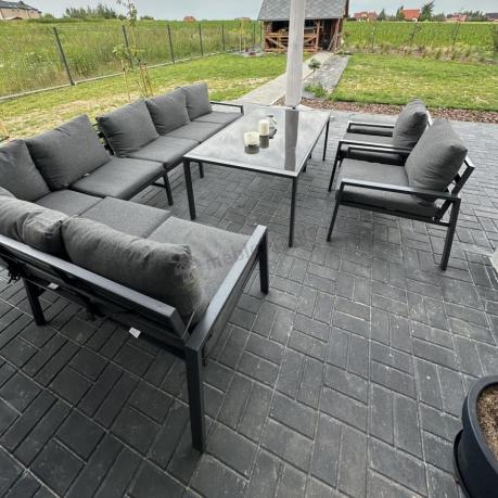 Grafitowe nowoczesne meble tarasowe Sodor Corner XXL narożnik z 2 fotelami i 2 pufami - Dark Grey