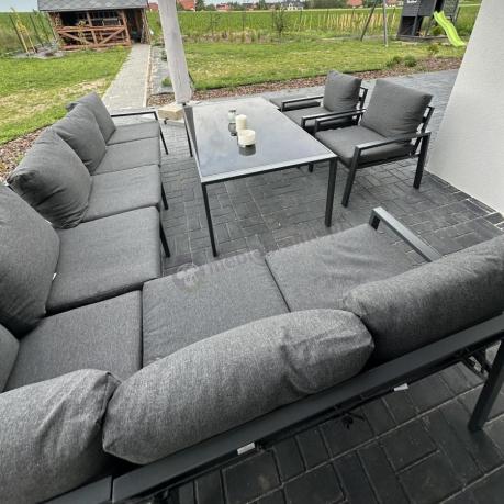 Grafitowe nowoczesne meble tarasowe Sodor Corner XXL narożnik z 2 fotelami i 2 pufami - Dark Grey