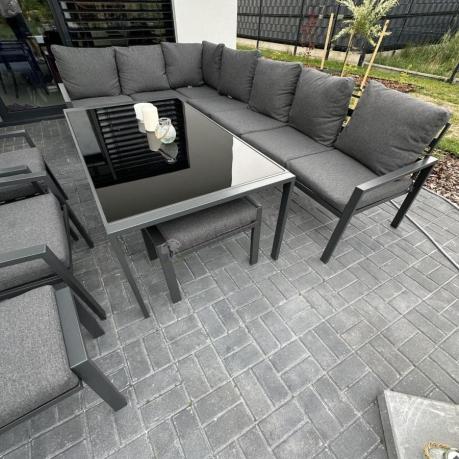 Grafitowe nowoczesne meble tarasowe Sodor Corner XXL narożnik z 2 fotelami i 2 pufami - Dark Grey