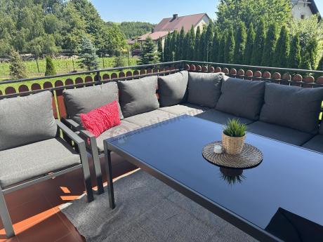 Grafitowe nowoczesne meble tarasowe Sodor Corner XXL narożnik z 2 fotelami i 2 pufami - Dark Grey