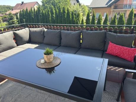 Grafitowe nowoczesne meble tarasowe Sodor Corner XXL narożnik z 2 fotelami i 2 pufami - Dark Grey