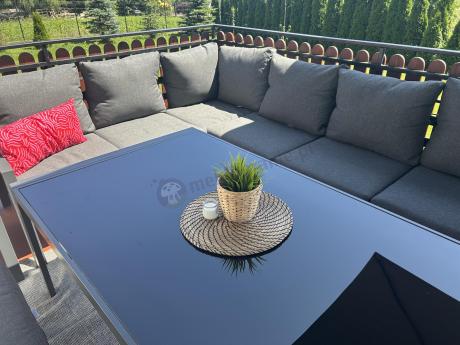 Grafitowe nowoczesne meble tarasowe Sodor Corner XXL narożnik z 2 fotelami i 2 pufami - Dark Grey