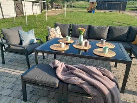 Grafitowe nowoczesne meble tarasowe Sodor Corner XXL narożnik z 2 fotelami i 2 pufami - Dark Grey