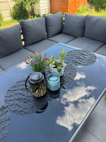 Grafitowe nowoczesne meble tarasowe Sodor Corner XXL narożnik z 2 fotelami i 2 pufami - Dark Grey