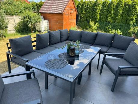 Grafitowe nowoczesne meble tarasowe Sodor Corner XXL narożnik z 2 fotelami i 2 pufami - Dark Grey