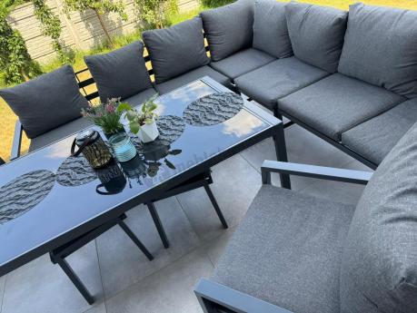 Grafitowe nowoczesne meble tarasowe Sodor Corner XXL narożnik z 2 fotelami i 2 pufami - Dark Grey
