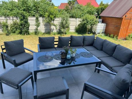 Grafitowe nowoczesne meble tarasowe Sodor Corner XXL narożnik z 2 fotelami i 2 pufami - Dark Grey