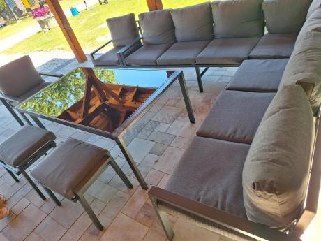 Grafitowe nowoczesne meble tarasowe Sodor Corner XXL narożnik z 2 fotelami i 2 pufami - Dark Grey