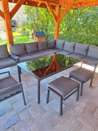 Grafitowe nowoczesne meble tarasowe Sodor Corner XXL narożnik z 2 fotelami i 2 pufami - Dark Grey