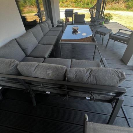 Grafitowe nowoczesne meble tarasowe Sodor Corner XXL narożnik z 2 fotelami i 2 pufami - Dark Grey