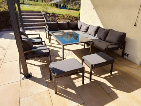 Grafitowe nowoczesne meble tarasowe Sodor Corner XXL narożnik z 2 fotelami i 2 pufami - Dark Grey