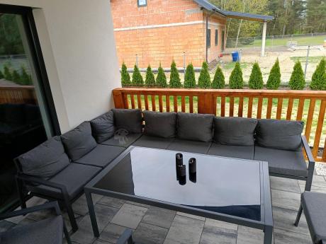 Grafitowe nowoczesne meble tarasowe Sodor Corner XXL narożnik z 2 fotelami i 2 pufami - Dark Grey