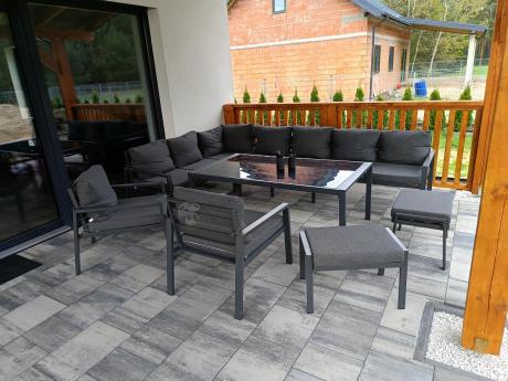 Grafitowe nowoczesne meble tarasowe Sodor Corner XXL narożnik z 2 fotelami i 2 pufami - Dark Grey
