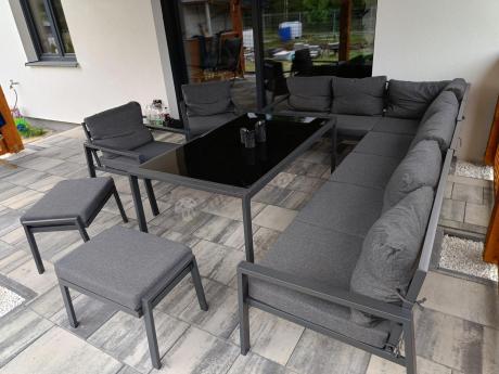 Grafitowe nowoczesne meble tarasowe Sodor Corner XXL narożnik z 2 fotelami i 2 pufami - Dark Grey