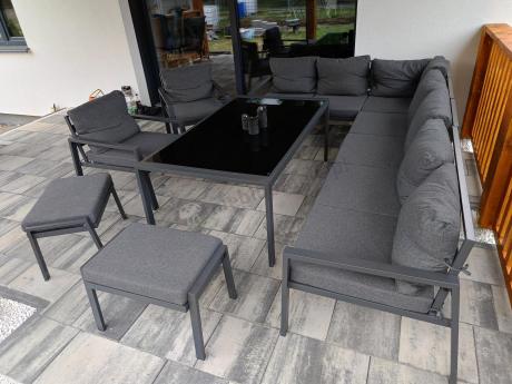Grafitowe nowoczesne meble tarasowe Sodor Corner XXL narożnik z 2 fotelami i 2 pufami - Dark Grey