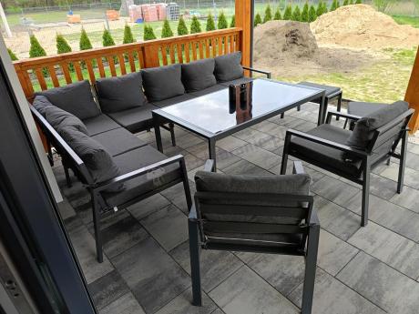 Grafitowe nowoczesne meble tarasowe Sodor Corner XXL narożnik z 2 fotelami i 2 pufami - Dark Grey