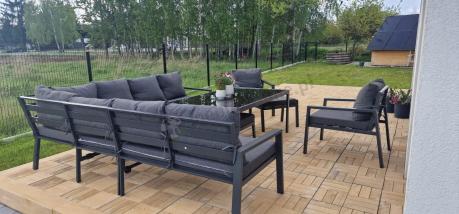 Grafitowe nowoczesne meble tarasowe Sodor Corner XXL narożnik z 2 fotelami i 2 pufami - Dark Grey