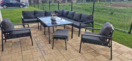 Grafitowe nowoczesne meble tarasowe Sodor Corner XXL narożnik z 2 fotelami i 2 pufami - Dark Grey