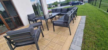Grafitowe nowoczesne meble tarasowe Sodor Corner XXL narożnik z 2 fotelami i 2 pufami - Dark Grey