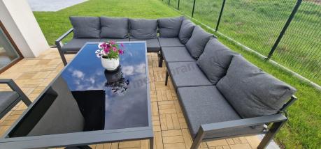 Grafitowe nowoczesne meble tarasowe Sodor Corner XXL narożnik z 2 fotelami i 2 pufami - Dark Grey