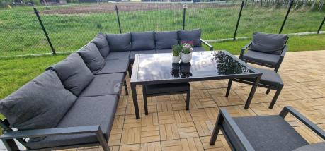 Grafitowe nowoczesne meble tarasowe Sodor Corner XXL narożnik z 2 fotelami i 2 pufami - Dark Grey