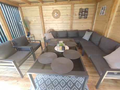 Grafitowe nowoczesne meble tarasowe Sodor Corner XXL narożnik z 2 fotelami i 2 pufami - Dark Grey