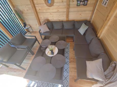 Grafitowe nowoczesne meble tarasowe Sodor Corner XXL narożnik z 2 fotelami i 2 pufami - Dark Grey
