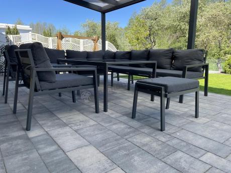 Grafitowe nowoczesne meble tarasowe Sodor Corner XXL narożnik z 2 fotelami i 2 pufami - Dark Grey