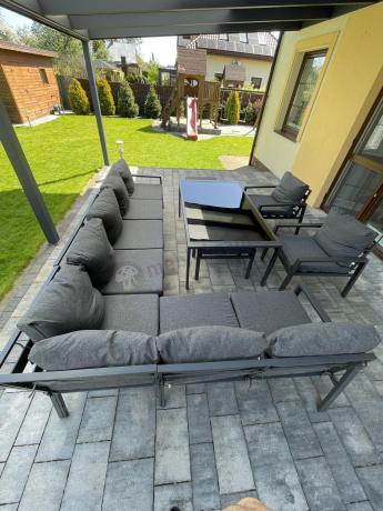 Grafitowe nowoczesne meble tarasowe Sodor Corner XXL narożnik z 2 fotelami i 2 pufami - Dark Grey
