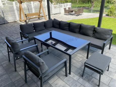 Grafitowe nowoczesne meble tarasowe Sodor Corner XXL narożnik z 2 fotelami i 2 pufami - Dark Grey