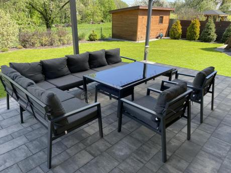 Grafitowe nowoczesne meble tarasowe Sodor Corner XXL narożnik z 2 fotelami i 2 pufami - Dark Grey