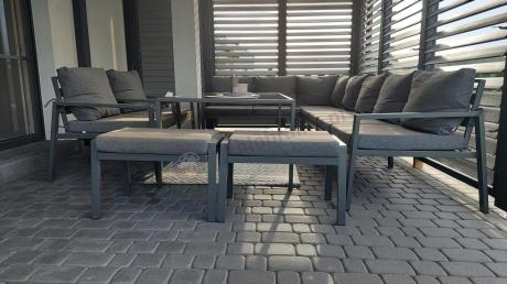 Grafitowe nowoczesne meble tarasowe Sodor Corner XXL narożnik z 2 fotelami i 2 pufami - Dark Grey