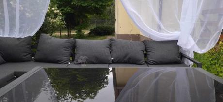 Grafitowe nowoczesne meble tarasowe Sodor Corner XXL narożnik z 2 fotelami i 2 pufami - Dark Grey